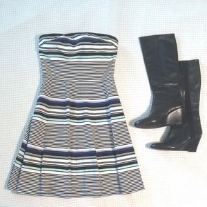WHBM Teal and Navy Stripes Strapless Dress